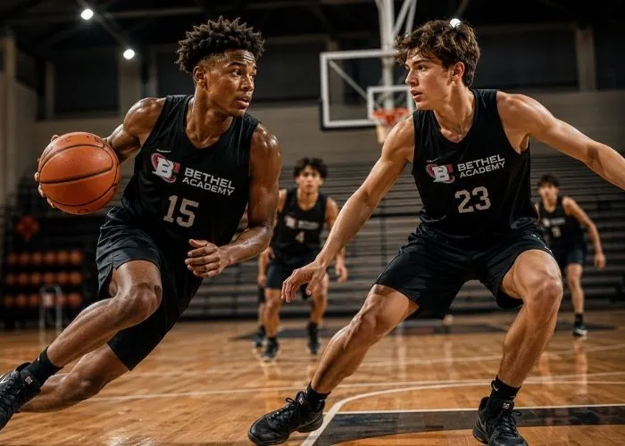 Athlete driving to the rim under gym lights